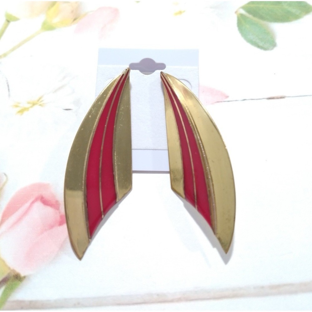 Moulin Rouge Vintage Dangle Earrings Gold Tone Red Enamel 80s Retro Statement